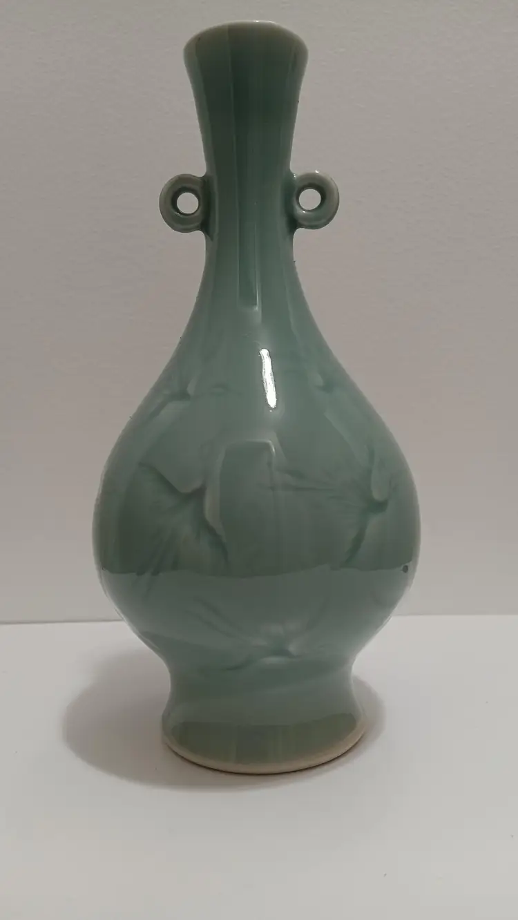 Beautiful Celadon Glazed Vase With Crane Imprint Embellishment