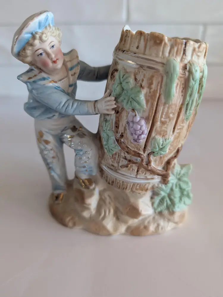 Antique late 1800s Gebruder Heubach Bisque Boy And Girl Spill Vases/Match Holder