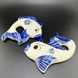 Tonala Mexican Pottery Butterfly And Floral On Fish Wall Decor Signed 5" Set Of 2