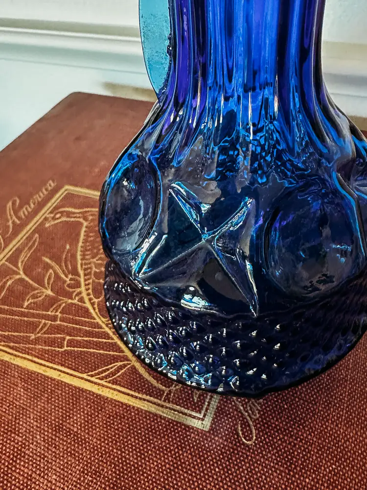 Vintage Blue Pressed Glass Thumbprint Bud Vase XO Hobnail Ribbed Neck