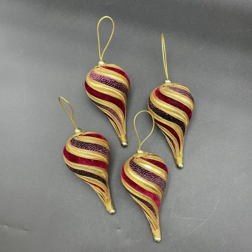 Red and Gold Velour Beaded Sequined Spiral Hanging Christmas Ornaments Set of 4