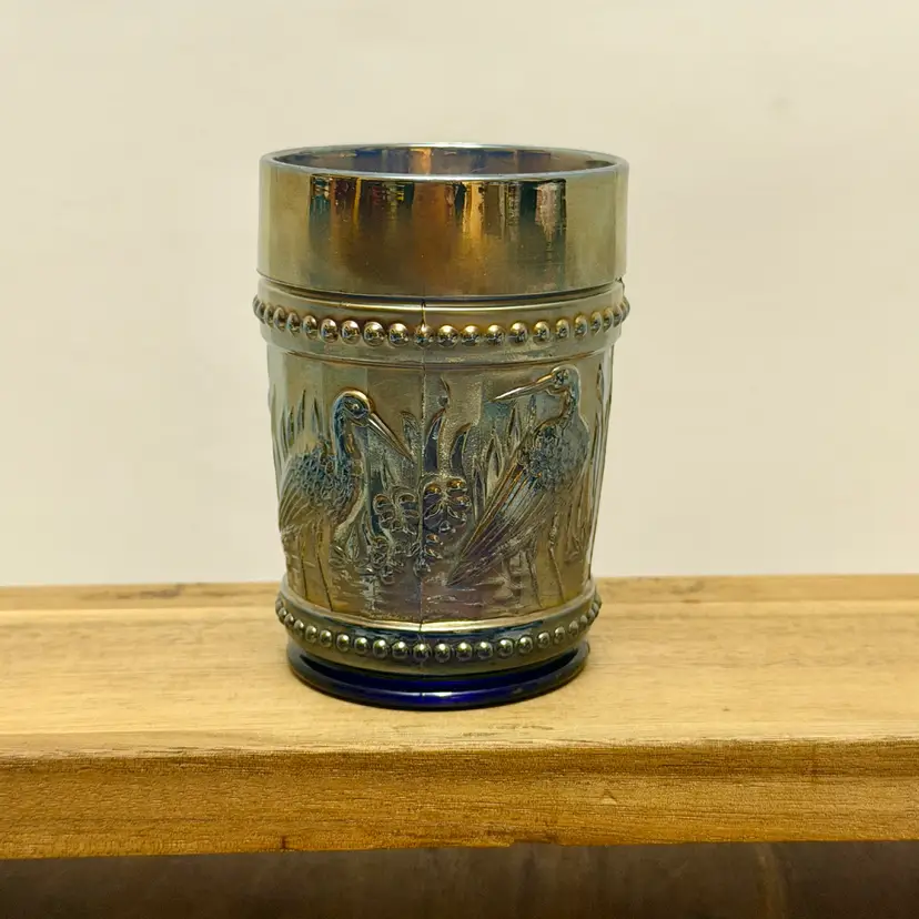 Antique Dugan Blue Carnival Beaded "Storks & Rushes" Cup Tumbler