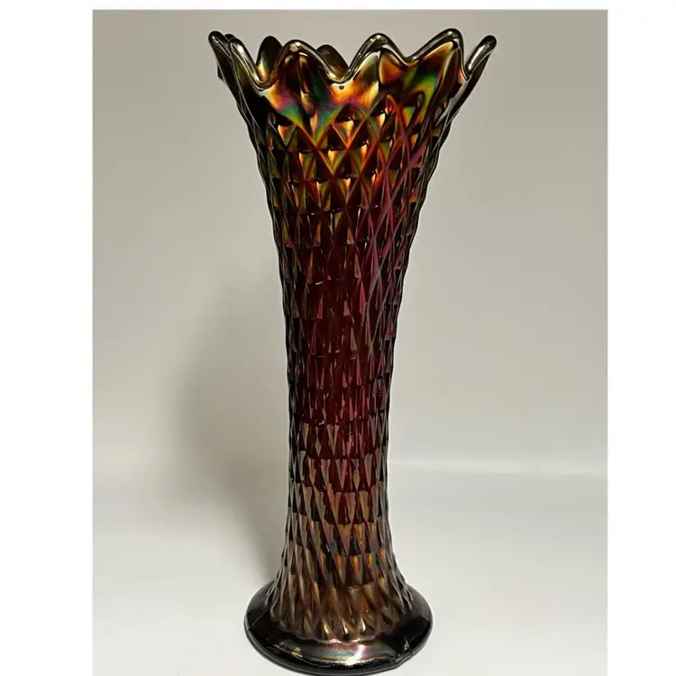 Northwood -Amethyst Carnival Glass-Diamond Point- Swung Vase – 12-Point Crimped Top, 10.5” Tall, Vintage Iridescent