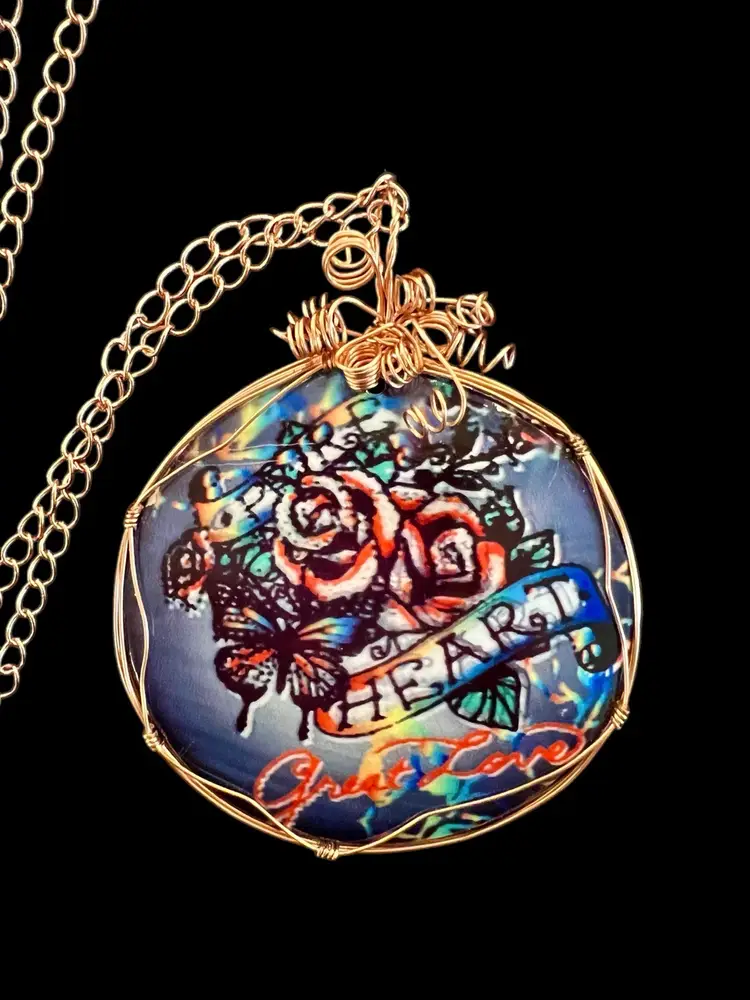 Copper Wire Wrapped Handmade MOP Painted "HEART" Great Love Necklace  #A-5