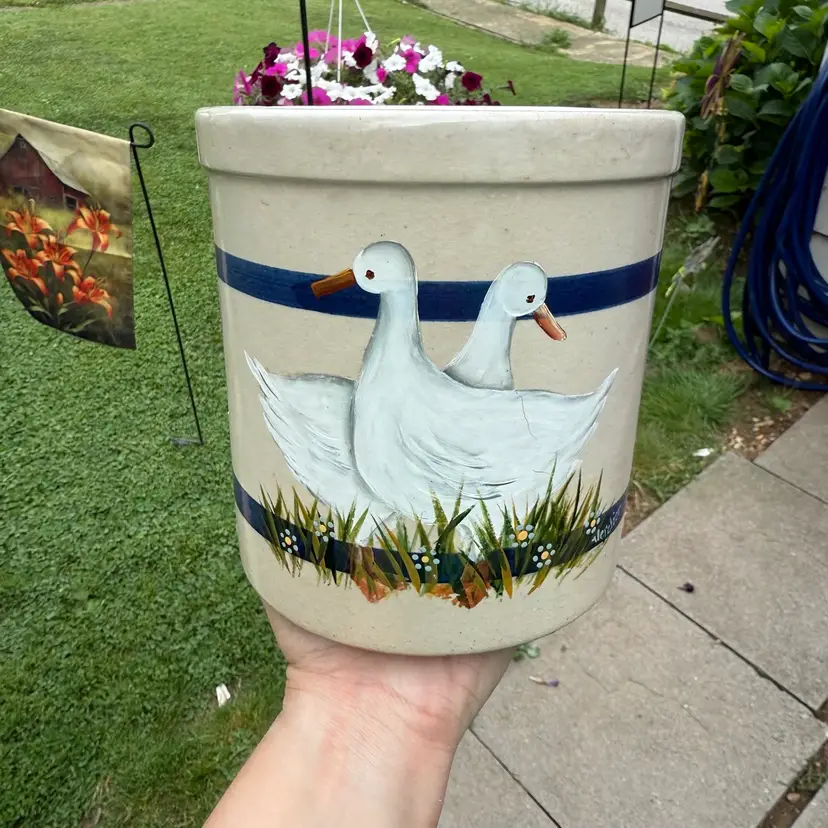 Roseville Pottery Blue Stripe Goose Crock Utensil Holder Farmhouse Country Decor