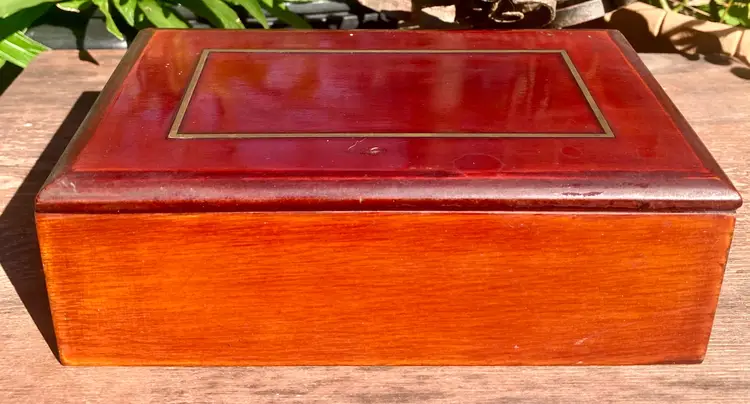 Trinket Box Wood w Lid Brass Pinstripe Inlay Vintage