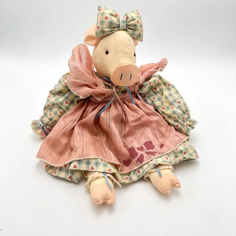 Handmade Fabric Stuffed Pig Vintage 18"