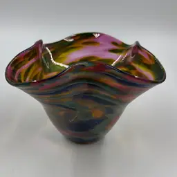Vintage Glass Eye Studio Ruffled Bowl/Vase With Multi Colored Glass Confetti Design Greens, Purple. Signed John Sullivan 1993