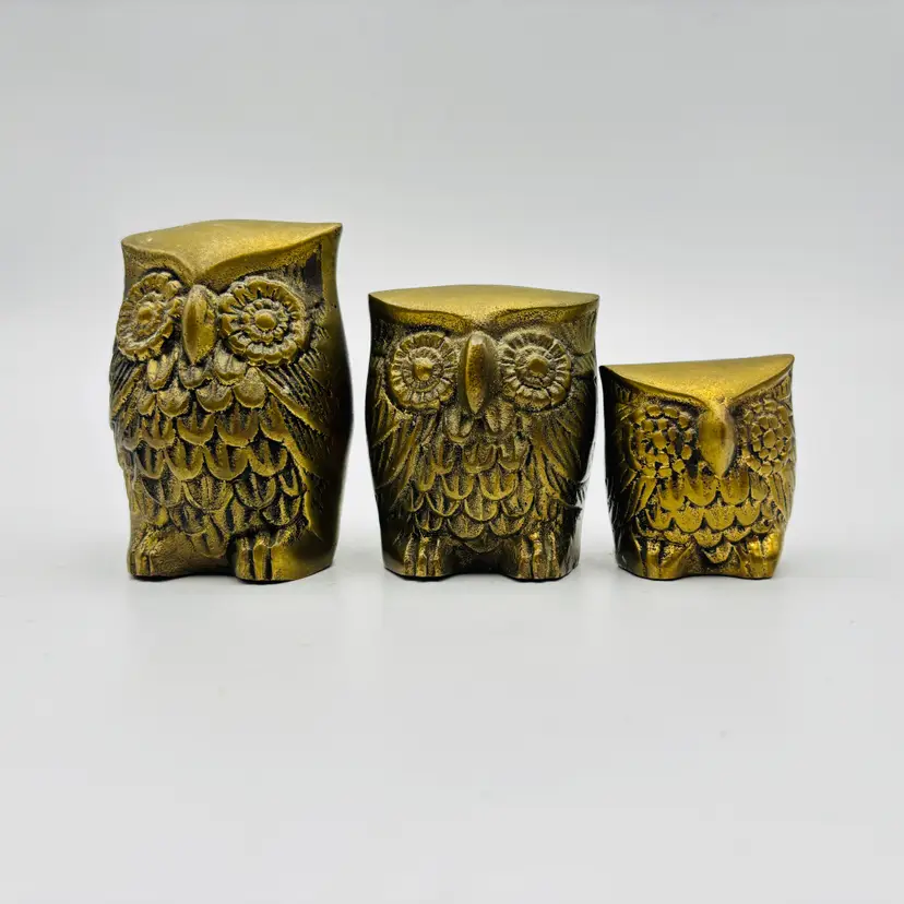 Vintage Brass Owl Family Set of 3 Figurines Paperweight Trio Brassware MCM