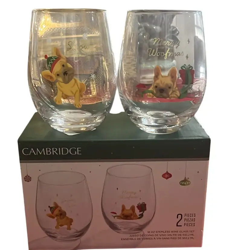 Brand New In The Box, Cambridge Stemless Glass Set Of 2 With Cute Dogs