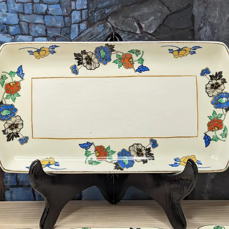 Woods Ivory Ware Burslem England 12.5" Tray 5" 3 Dessert Plates Set Blue Flowers 1930s Tea Party