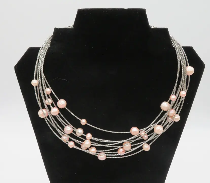 VTG Italy 9 Strand Collar Choker Necklace with Pink Pearls on twisted Stainless-steel wire