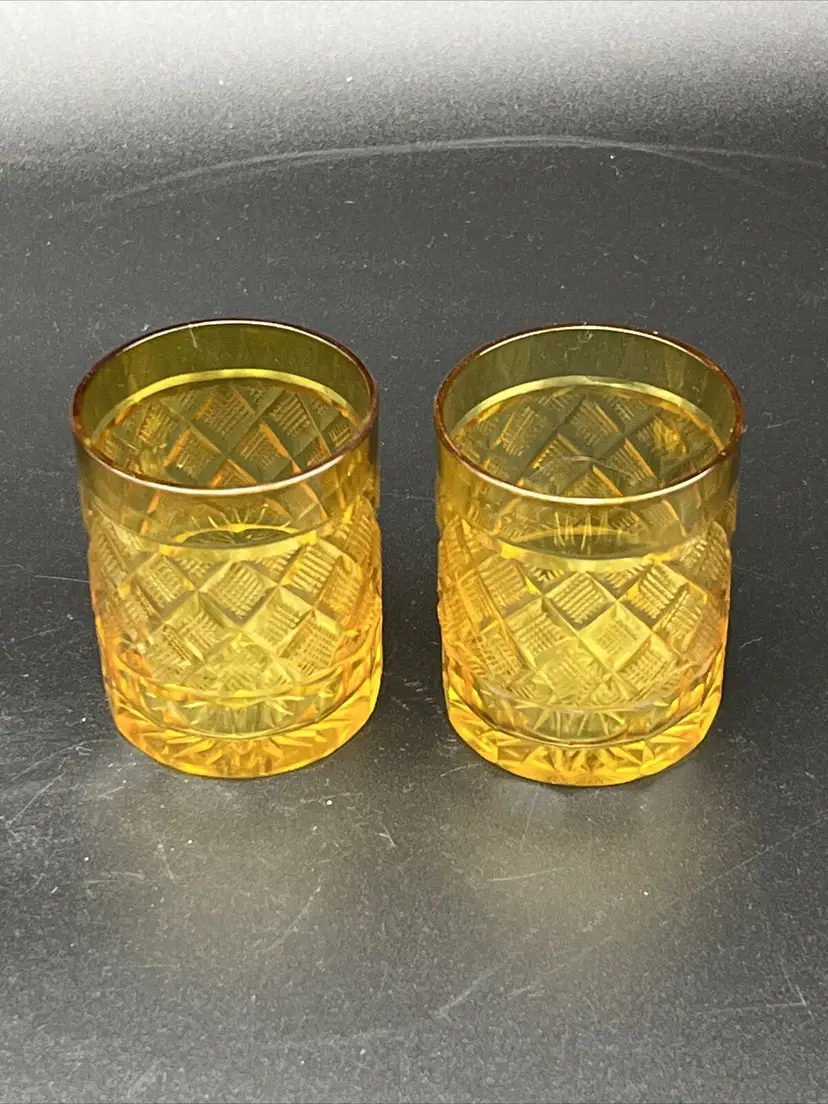 Vintage Etched Pattern AMBER Glass Shot Glasses ~ EUC Pair Lot Of 2