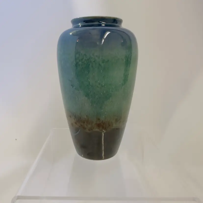 #1808 Studio Art Pottery, Green to Brown Ombre Vase, Drip Glaze, 5.5" Tall Unsigned