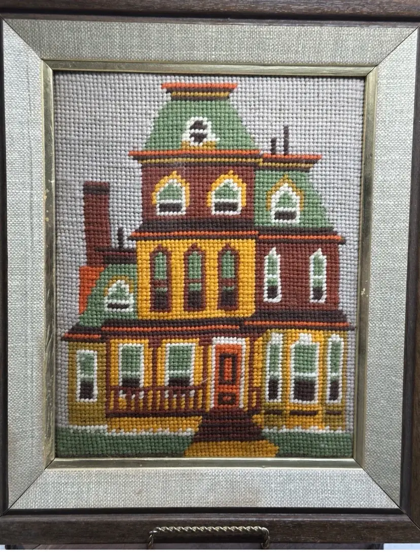 MCM Mid Century Handmade Framed Needlepoint Needlework Victorian House