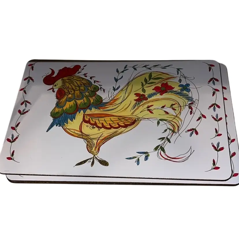 Vintage April Cornell MCM Rooster Placemats Cork Backed 17” x 11.5”