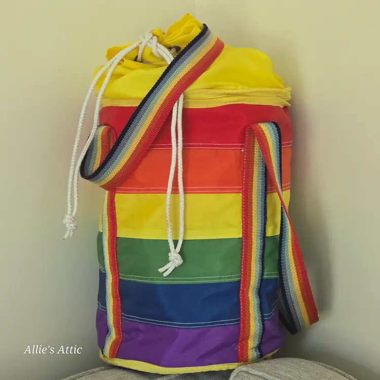 Vintage Rainbow Backpack Bag Purse Overnight Duffel Drawstring Pride LGBT -Flaws