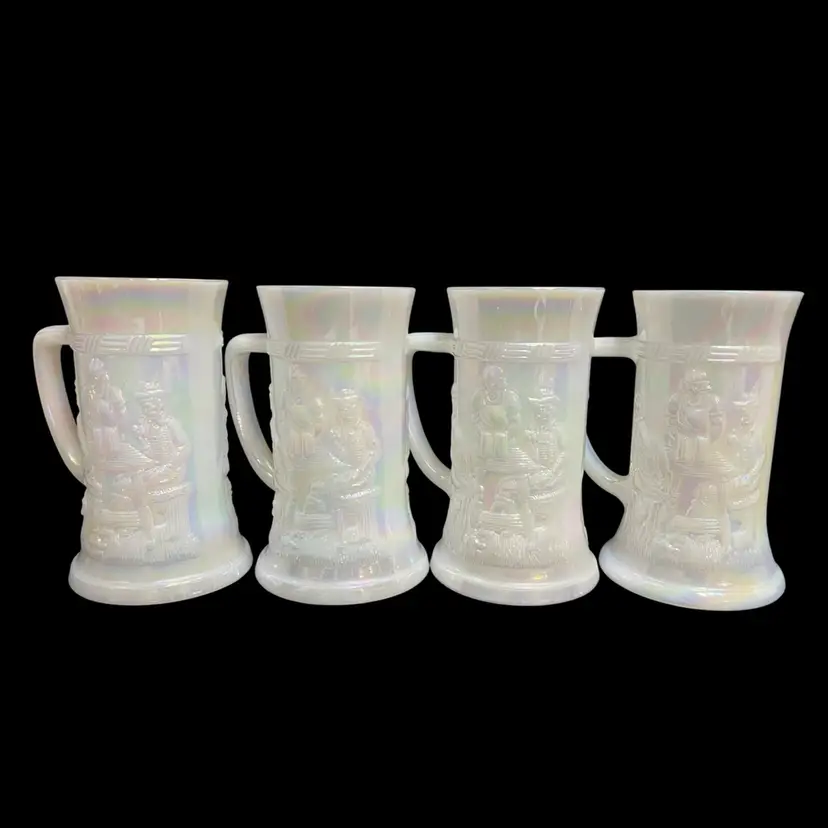 Set Of 4 Vintage Pearl Luster Iridescent Milk Glass Mugs Tankards Tavern Scene, 2 Marked Federal Glass~5.75” x 5” x 3.75”