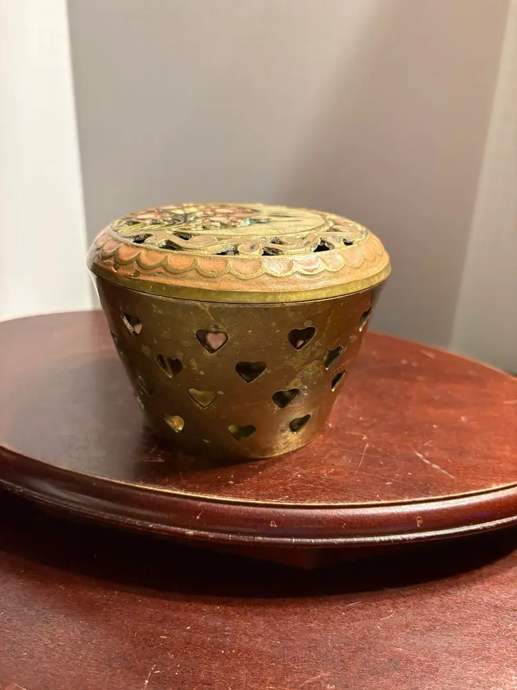 Brass Potpourri Box With Moon And Floral Enameled Lid