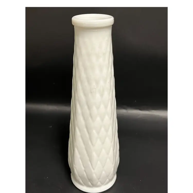 E.O. Brody Diamond Quilted Milk Glass Bud Vase Vintage ~ Marked -8.5”