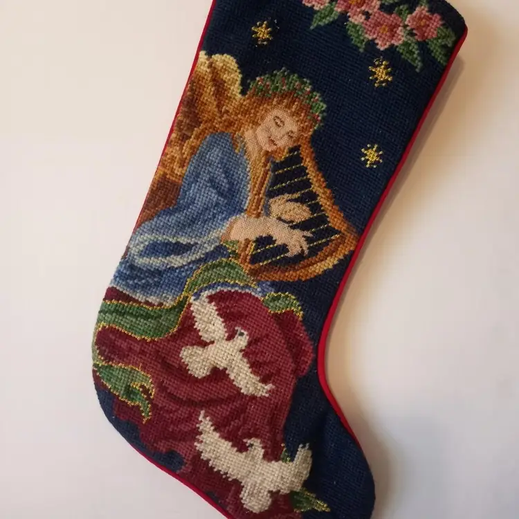 Vintage Handmade  Needlepoint  Angel Christmas  Stocking,  Angel With Flying Doves, Rose Border At Top, Velvet Back, Old-Fashioned Christmas. Vintage Christmas. 1991