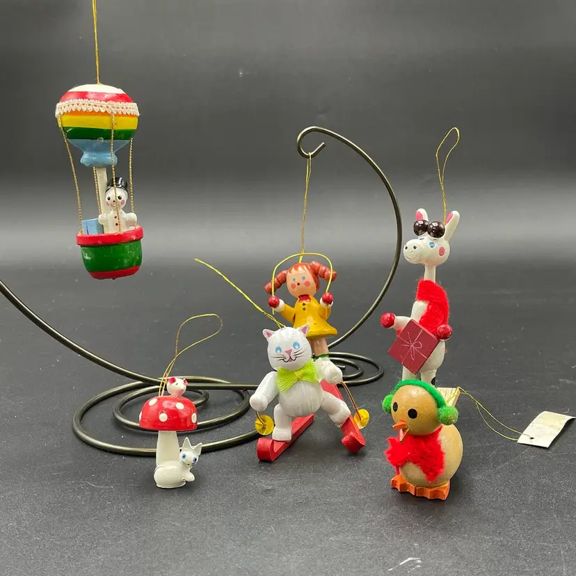 Lot of 6 Vintage Wooden Hanging Christmas Ornaments Mushroom Giraffe Cat Bird