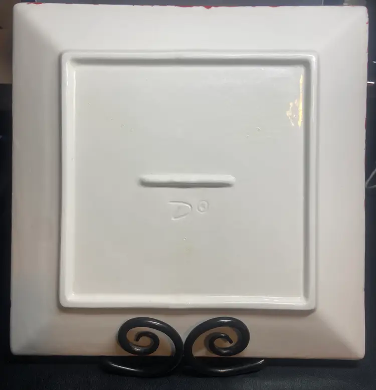 Square Red Rimmed Plate w/ Handpainted Image of Tree & Red Birds, 10"x10"