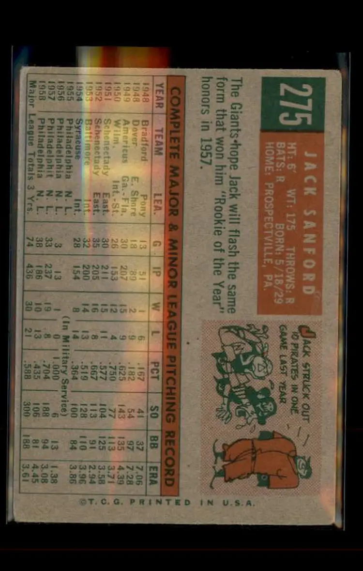 1959 Topps #275b Jack Sanford - (pk4) - San Francisco Giants