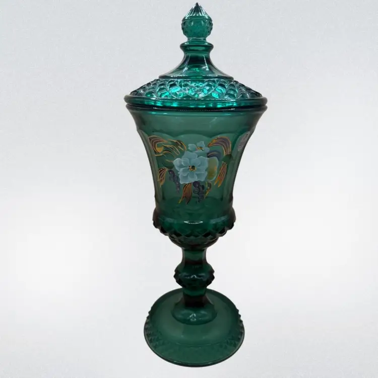 Fenton Limited Edition #322 Family Series Hand Painted Signed Magnolia Berry Spruce Green Lidded Glass Urn 13”