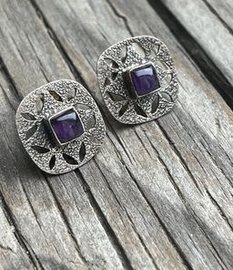 Vintage Purple Amethyst 925 Sterling Silver Post Earrings