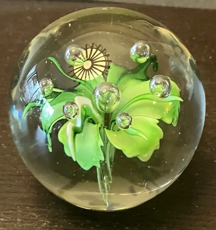 Glass Green Flower Paperweight Unmarked READ
