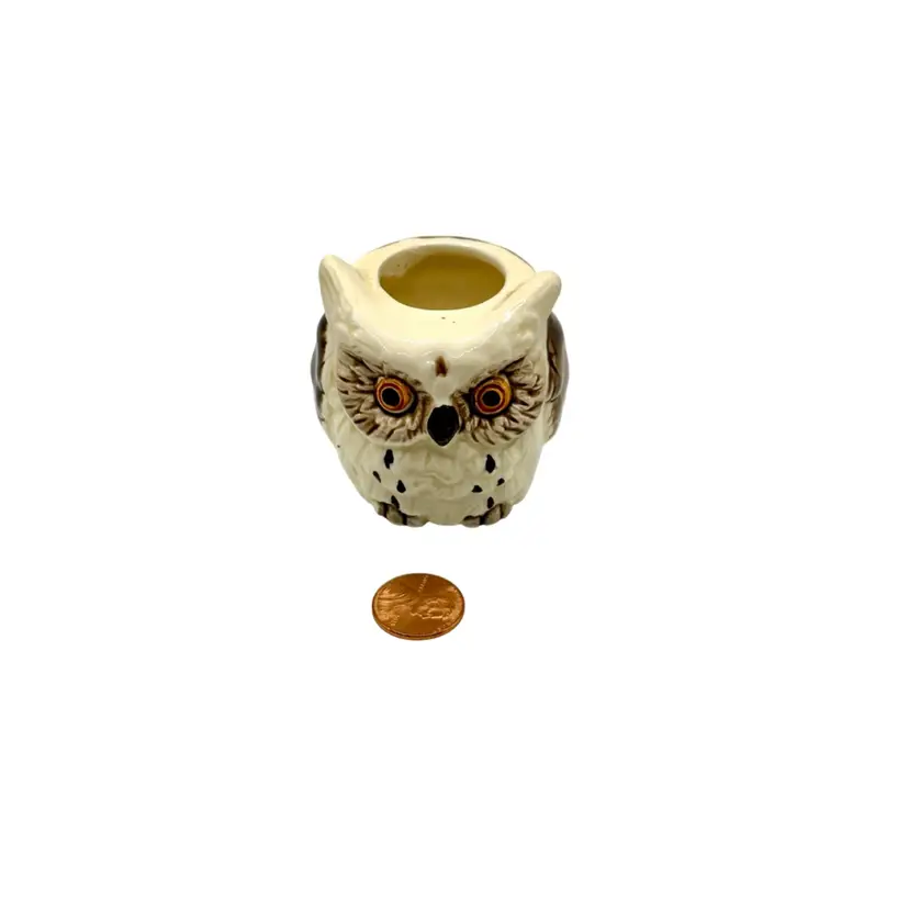 Stoneware Ceramic Owl Bird Ivory Toothpick Holder Embossed Figurine Japan
