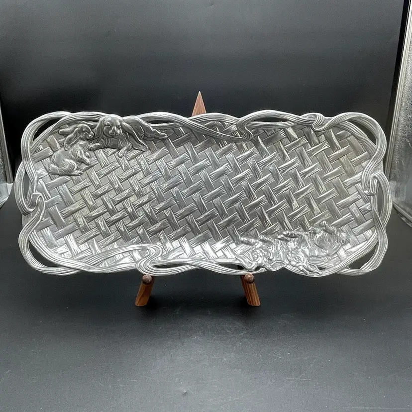 Arthur Court Basket Weave Lop Eared Bunny Rabbits Pressed Aluminum Tray Easter