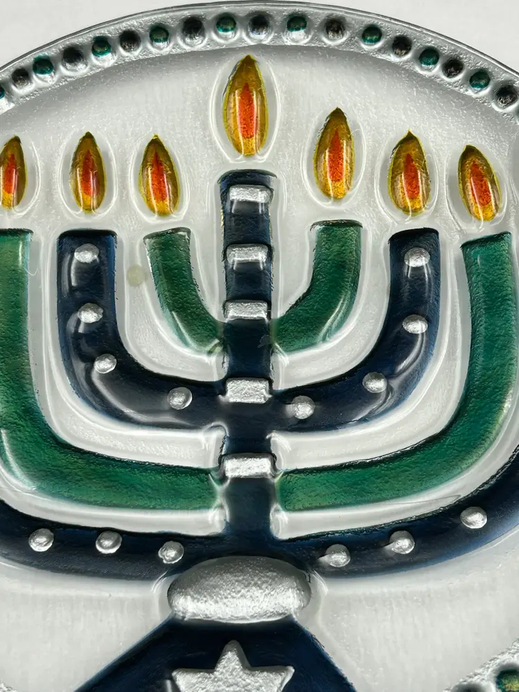 Hand Blown Glass Plate, Menorah Design, Hanukkah, Lori Selbert For Silvestri