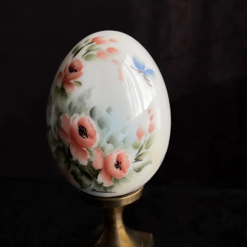 Vintage Porcelain Egg with Painted  floral motif and butterfly signed by Barnes