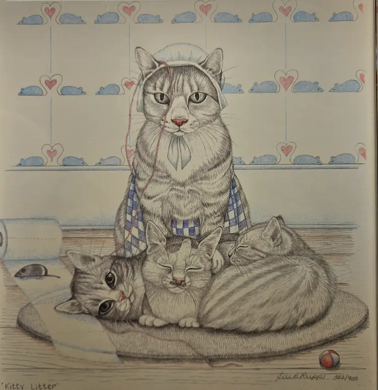 Signed Sue Rupp 1993 "Kitty Litter" Framed Art Print 382/950