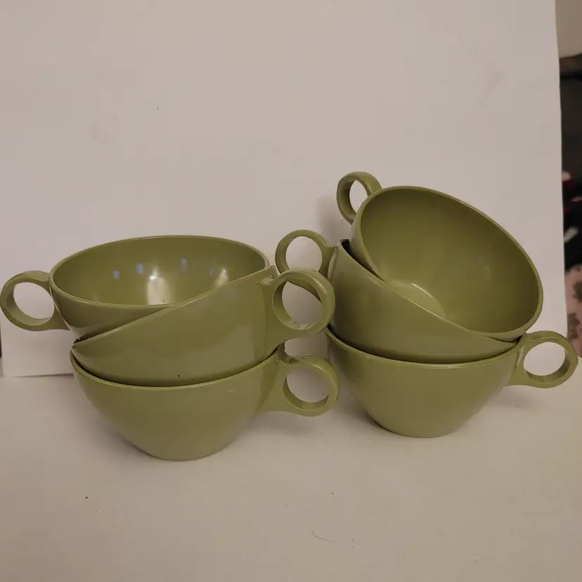 Set of 6 avocado green melamine coffee cups.