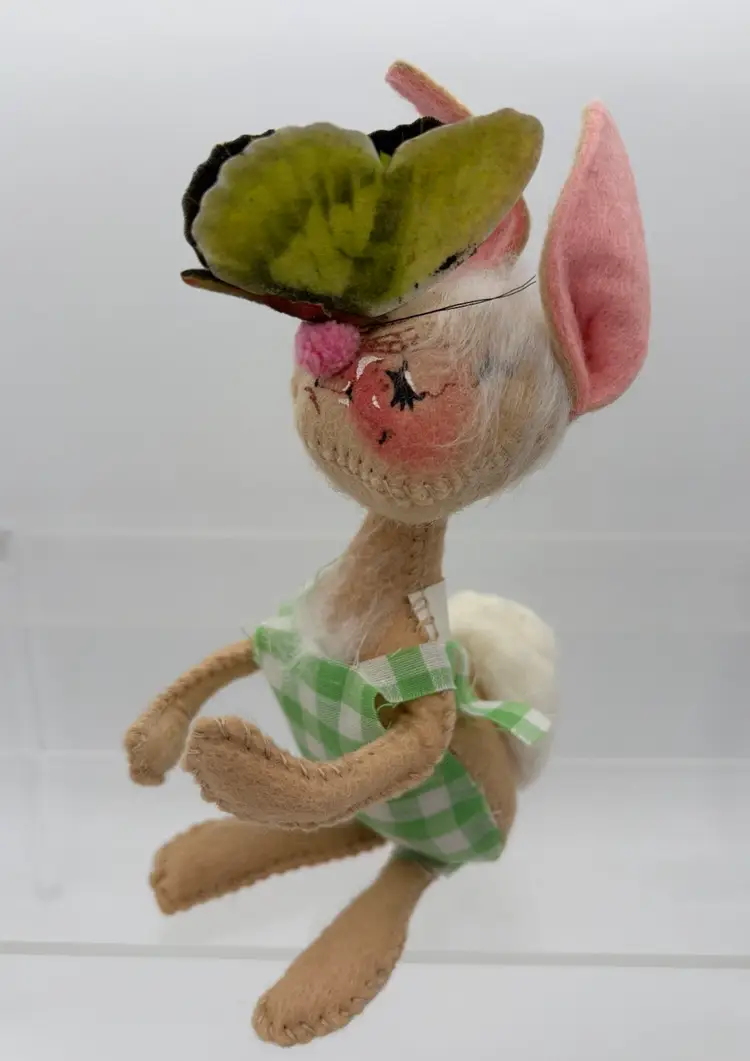 Vintage 1971 Annalee Bunny Rabbit w/ Butterfly on Nose 6 1/2” Green Gingham Easter Spring