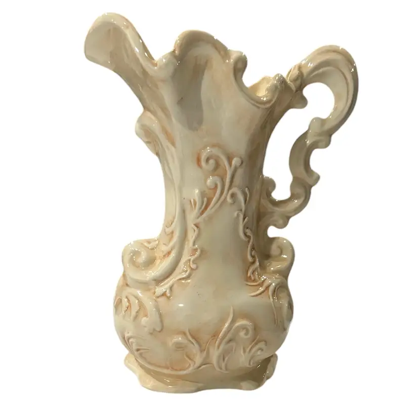 Vintage Ornate Capodimonte Italian Style Large White And Beige Tall Pitcher Vase