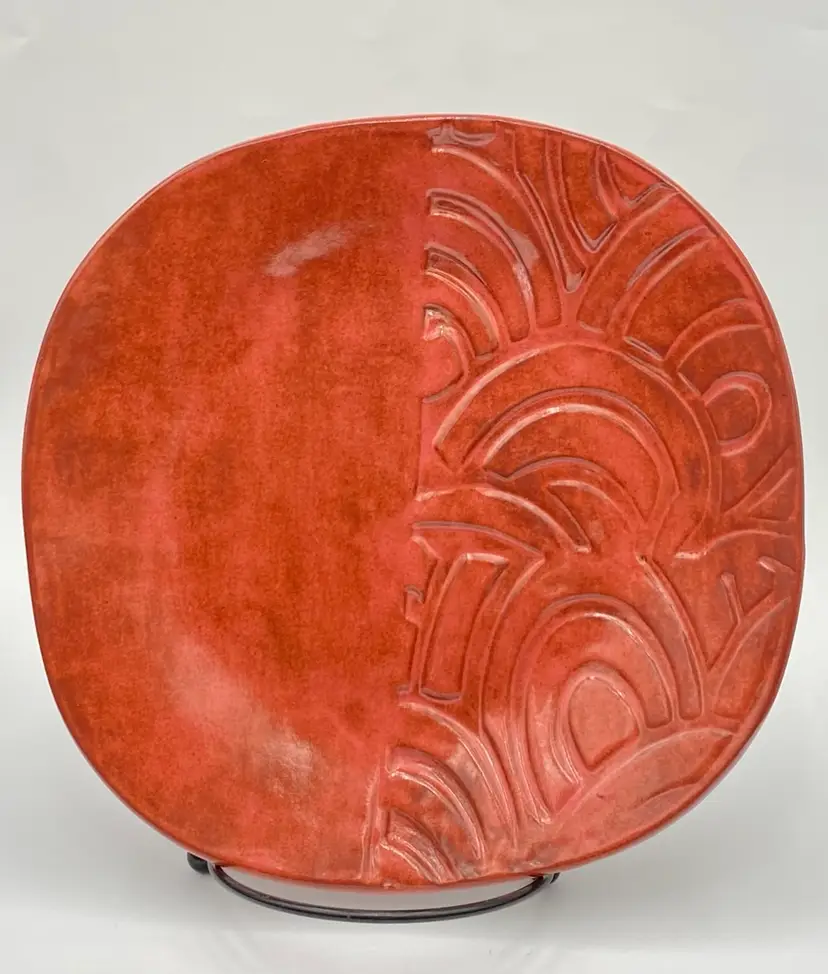 BCP Studio Pottery Soft Square Dish, Stamped Design, 7.6", Signed w/Paw Print