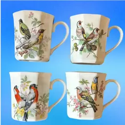 4 Vintage Bird Octagon Coffee Cup Made In Japan With Gold Rim