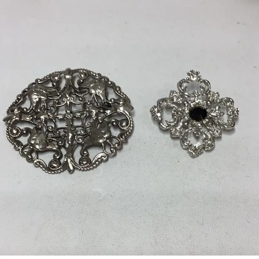 Silvertone Brooches 2 - Small With Black 1.5 & Round 2”