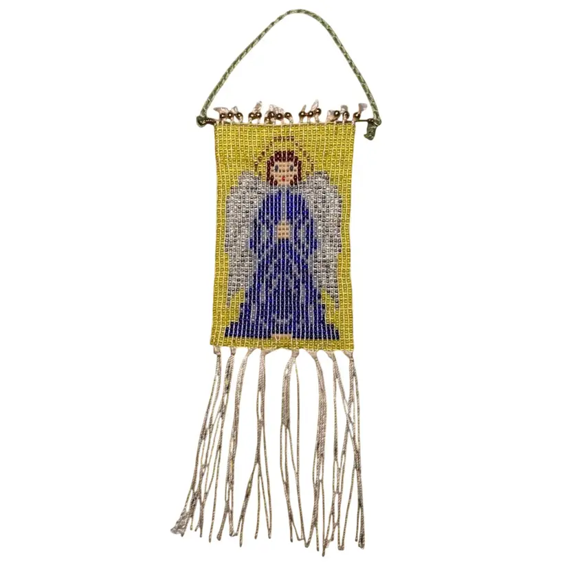 Handmade Blue & Yellow Angel Beadwork Hanging Ornament 7"