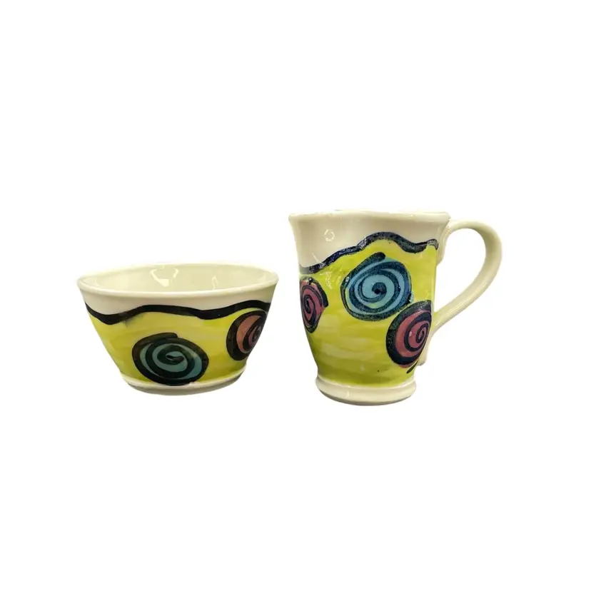 Studio Art Pottery Spirals Cream Open Sugar Signed LHP Kitchen Serving Set of 2