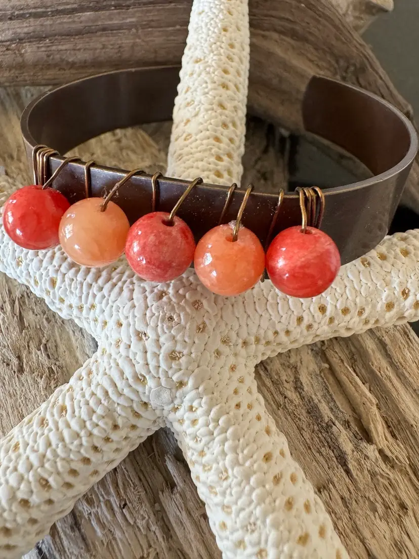 #12 Bronze Brass Bracelet Cuff Wrapped With Five Salmon Red-Orange Carnelian Agate Gemstone Breads