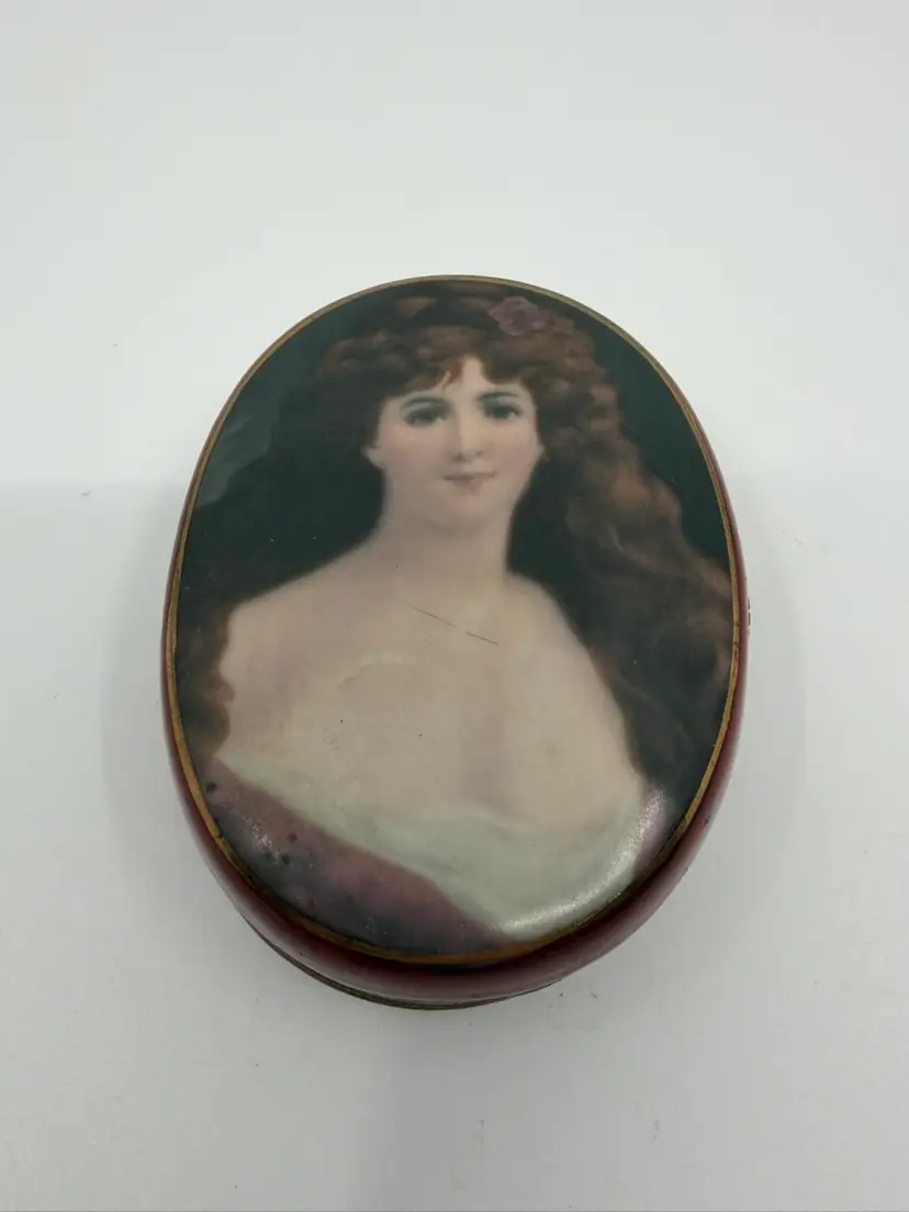 Antique Porcelain Hand Painted Oval Rossetti Portrait /Floral Hinged Trinket Box