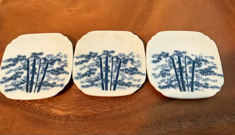 Three Vintage Japanese Porcelain Mini Snack/Sushi Plates with Bamboo Forest Motif