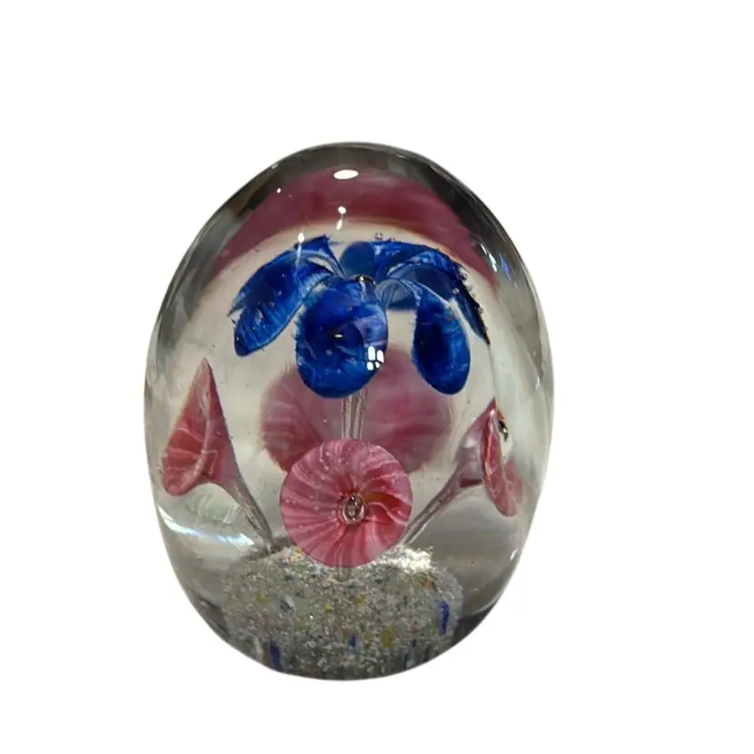 Antique Czech Art Glass Magnum Ice Blue & Pink Ice Pick Flowers Light Confetti Frit Base - 4”