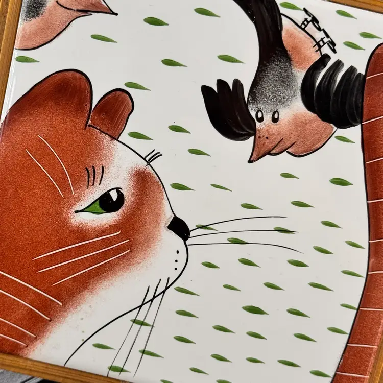 Estonia Helena Tilk Hand Painted Ceramic Tile Folk Art Cats Framed