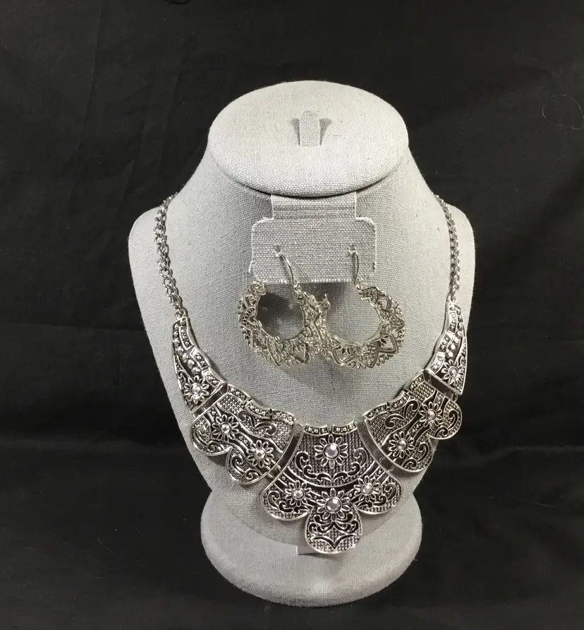 Classic filigree open work silver tone earrings and bib necklace 19" jewelry set
